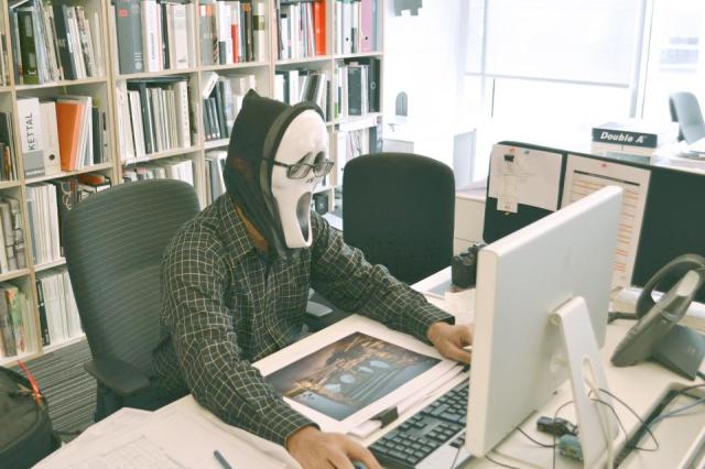 Writer with scared mask